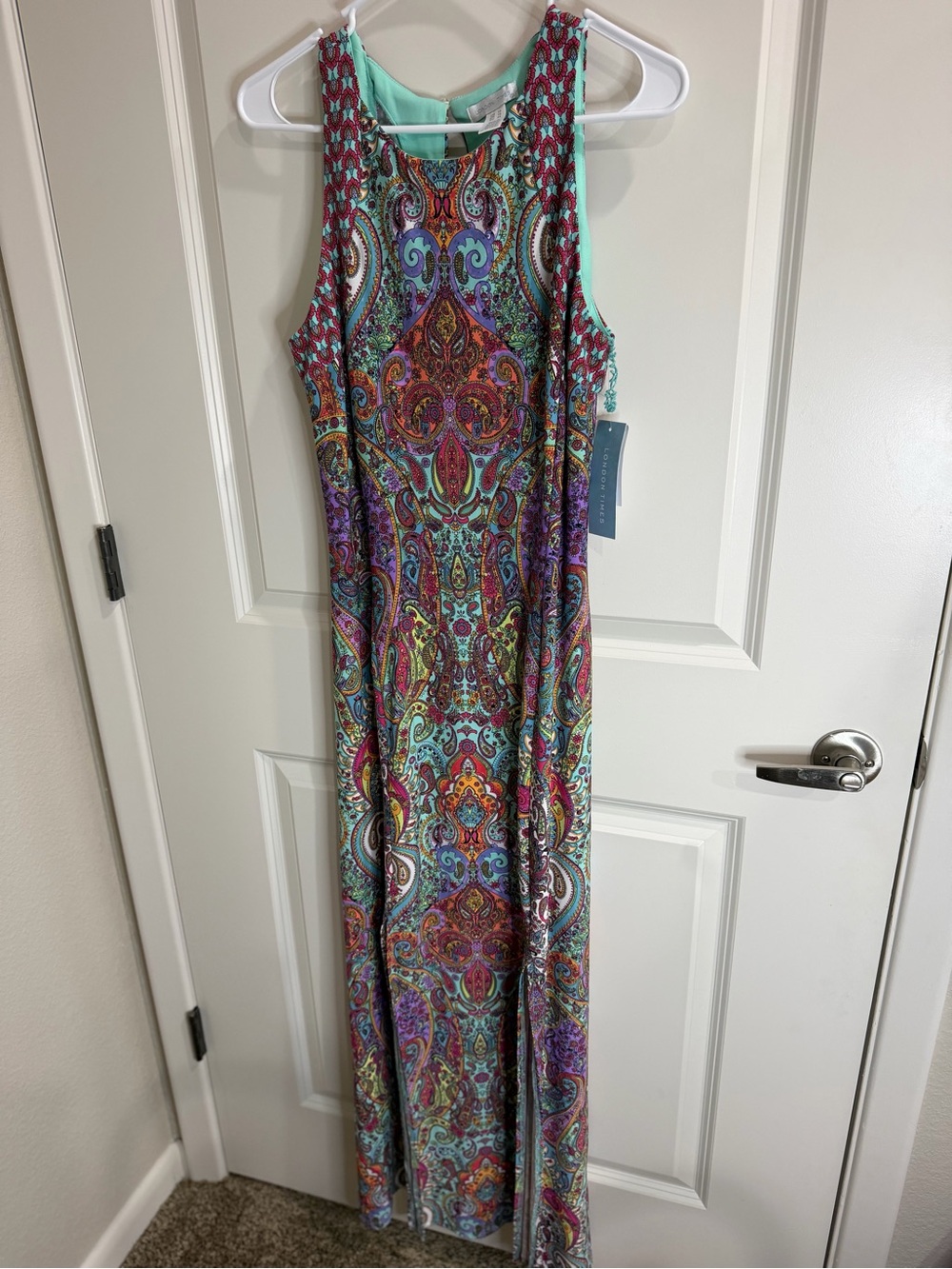 London Times NWT Sleeveless Paisley Maxi Dress Multi Color Slit Size 14